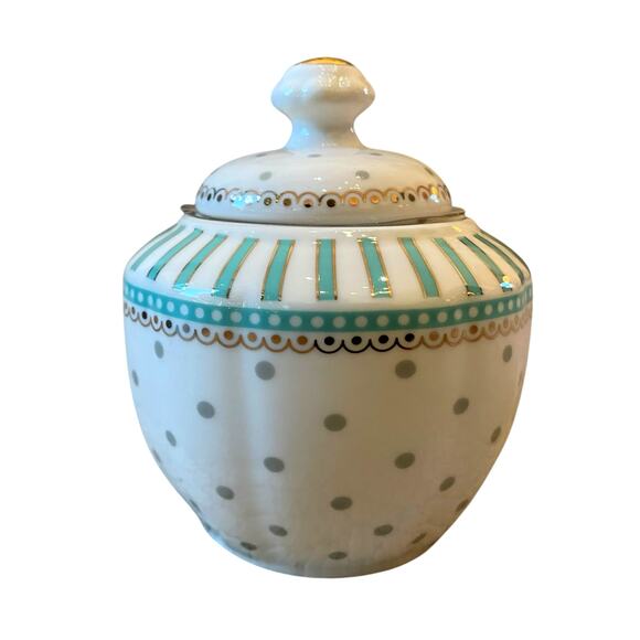 Grace Teaware Fine Porcelain Creamer & Sugar Aqua Blue & White Dots Stripes New - Picture 9 of 16
